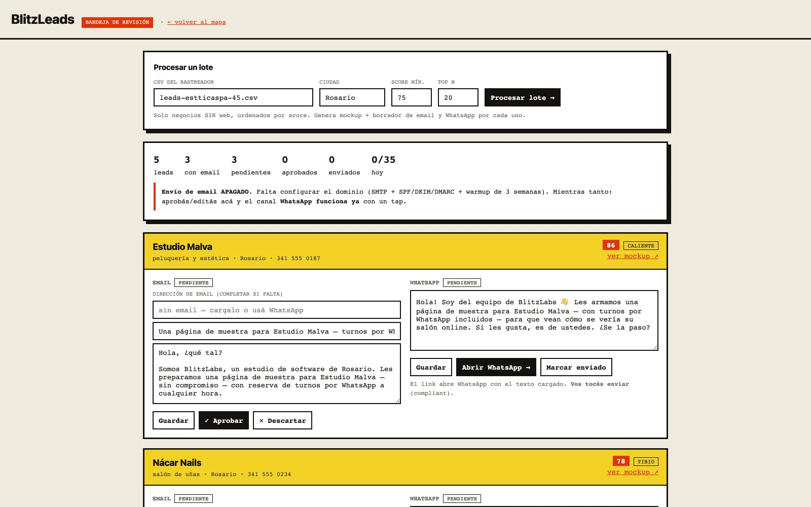 Tablero de BlitzLeads: procesamiento de un lote de prospectos de demostración