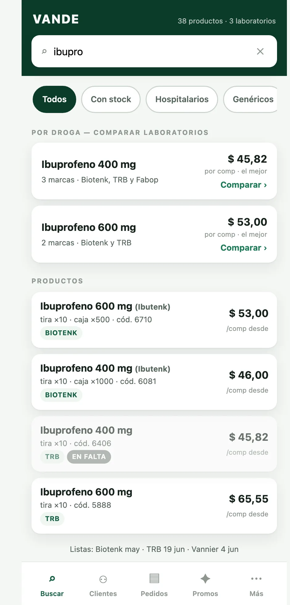 Buscador de Vande: resultados instantáneos con precio por unidad