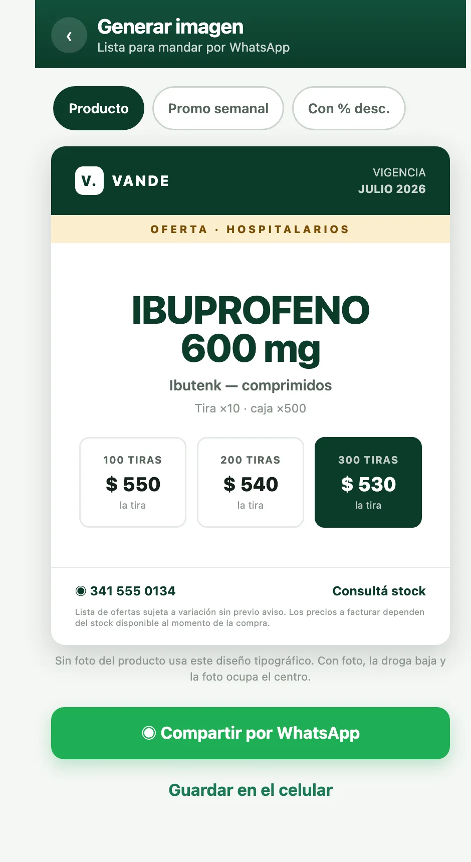 Generador de placa de promoción lista para WhatsApp
