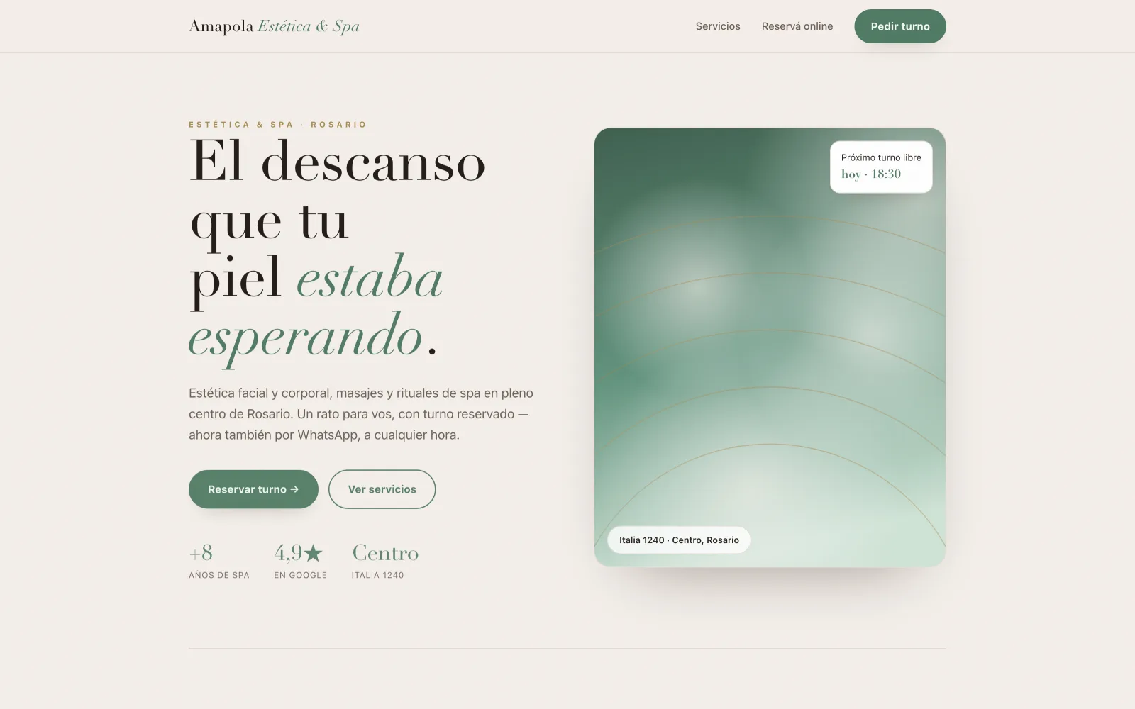 Landing con turnos — estética y spa